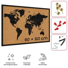 Korková tabule MAPA SVĚTA dřevěný lakovaný rám BLACK 90x60 cm