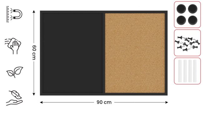 Tabuľa COMBI - korok a magnetická čierna tabuľa90x60cm s čiernym lakovaným dreveným rámom