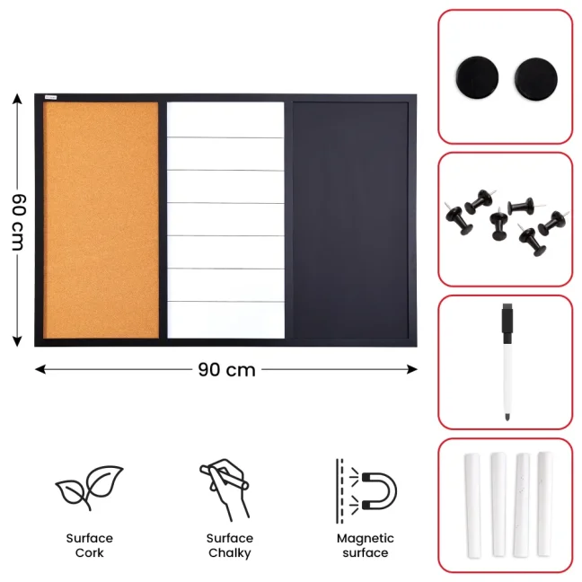 Kombinovaná tabuľa 3 v 1 ALLboards COMBI: bielá suchostierateľno-magnetická, magneticko-kriedová a korková 90x60 cm