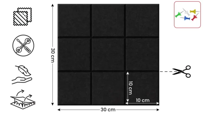 Filcový panel na stenu 30×30 cm čierny