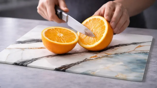 Skleněná krájecí deska MRAMOR / MODRÁ / ZLATO 30 × 40 cm – kuchyňská deska, ochranná deska, skleněný tác