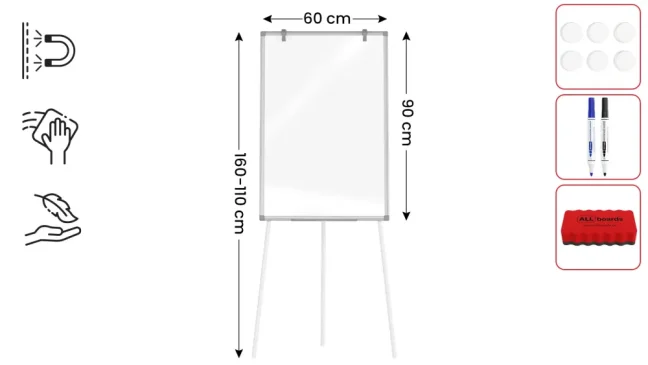 Flipchart sucho-stíratelný magnetický 90×60 cm – stříbrný