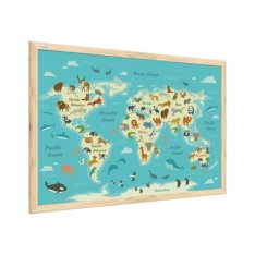 Magnetický obraz - mapa sveta zvierat pre deti 60x40cm v prírodnom drevenom ráme,TM64D_00060