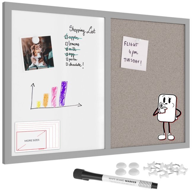 Tabuľa COMBI - sivý korok a magnetická biela 60x40 s sivym lakovaným dreveným rámom