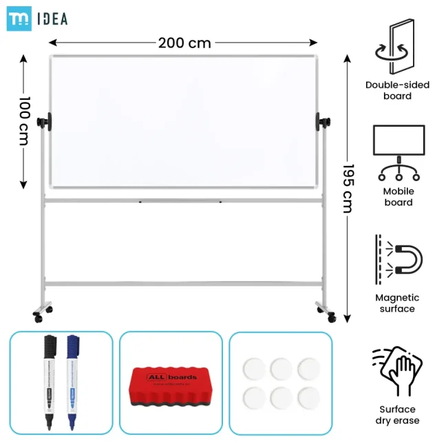 Mobilní tabule TM Idea, oboustranná, otočná, za sucha stíratelná, magnetická, 200x100 cm – řada FLEX