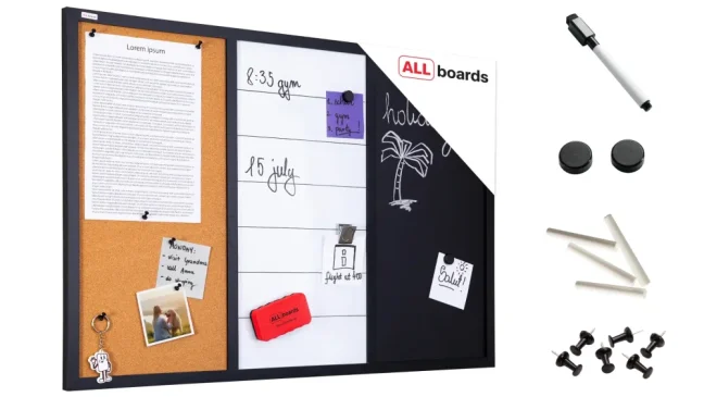 Kombinovaná tabuľa 3 v 1 ALLboards COMBI: bielá suchostierateľno-magnetická, magneticko-kriedová a korková 90x60 cm