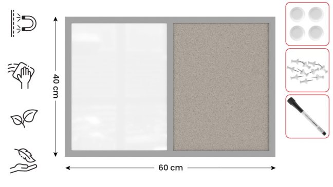 Tabuľa COMBI - sivý korok a magnetická biela 60x40 s sivym lakovaným dreveným rámom
