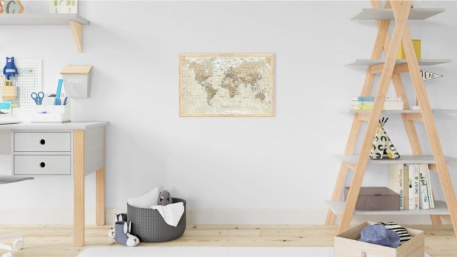 Magnetický obraz-mapa světa béžové pastel.barvy 60x40cm v přírodním rámu