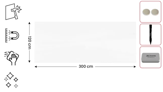 Sklenená magnetická tabuľa 300×120 cm PREMIUM SUPERWHITE