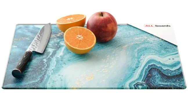 Sklenená doska na krájanie MODRÁ / ZLATO 30 × 40 cm – kuchynská doska, ochranná doska, sklenený podnos