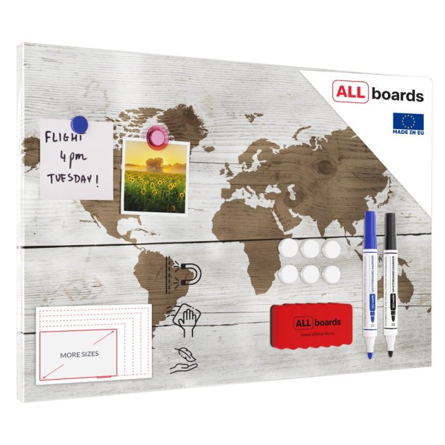 Magnetická tabuľa METALboards, mapa sveta vo svetlých farbách  60x40 cm