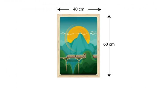 Magnetický obraz- vlak na pozadí hor 60x40cm v přírodním dřevěném rámu