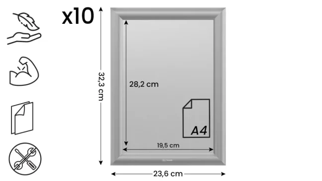 Plakátový rám A4 – Uzamykatelný stříbrný Klip rám - sada 10 kusů