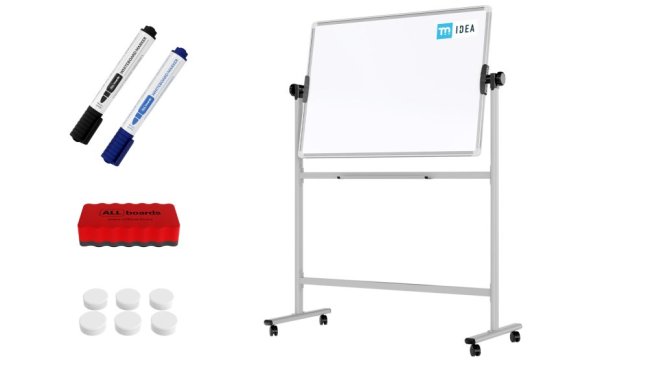 Mobilní tabule TM Idea, oboustranná, otočná, za sucha stíratelná, magnetická, 100x70 cm – řada FLEX