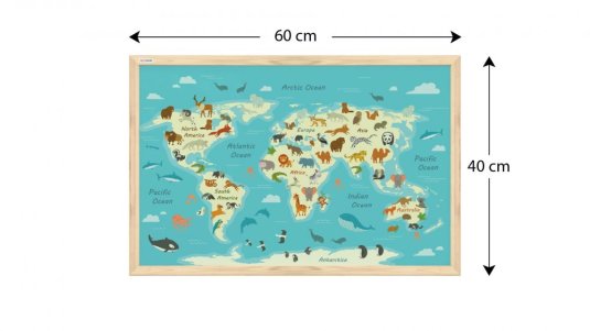 Magnetický obraz - mapa sveta zvierat pre deti 60x40cm v prírodnom drevenom ráme