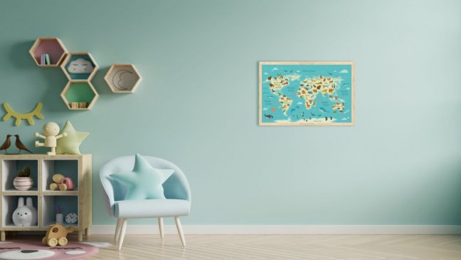 Magnetický obraz - mapa sveta zvierat pre deti 60x40cm v prírodnom drevenom ráme