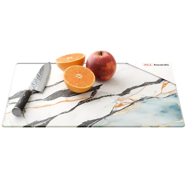 Sklenená doska na krájanie MRAMOR / MODRÁ / ZLATO 30 × 40 cm – kuchynská doska, ochranná doska, sklenený podnos