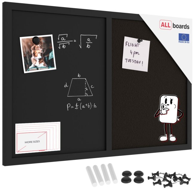 Tabuľa COMBI - čierný korok a magnetická čierna tabuľa 60x40cm s čiernym lakovaným dreveným rámom