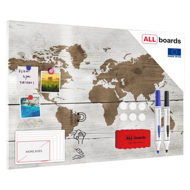 Magnetická tabuľa METALboards, mapa sveta vo svetlých farbách 90x60 cm