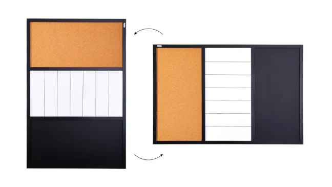 Kombinovaná tabuľa 3 v 1 ALLboards COMBI: bielá suchostierateľno-magnetická, magneticko-kriedová a korková 90x60 cm