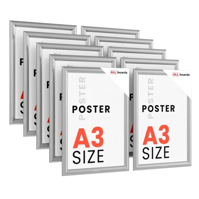 Plakátový rám A3 – Uzamykatelný stříbrný Klip rám - sada 10 kusů