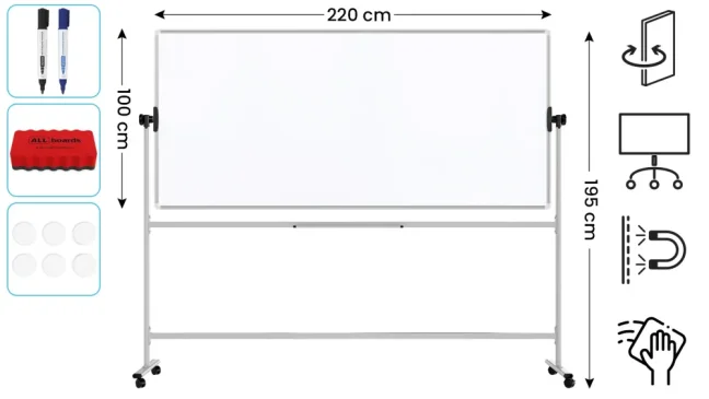 Mobilní tabule TM Idea, oboustranná, otočná, za sucha stíratelná, magnetická, 220x100 cm – řada FLEX