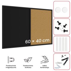 Tabule COMBI - korek a magnetická černá tabule 60x40 cm s černým lakovaným dřevěným rámem