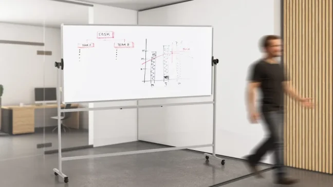 Mobilní tabule TM Idea, oboustranná, otočná, za sucha stíratelná, magnetická, 220x100 cm – řada FLEX