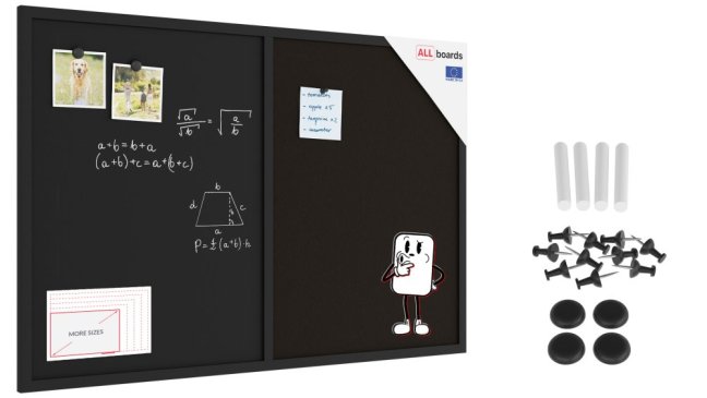 Tabuľa COMBI - čierný korok a magnetická čierna tabuľa 90x60cm s čiernym lakovaným dreveným rámom