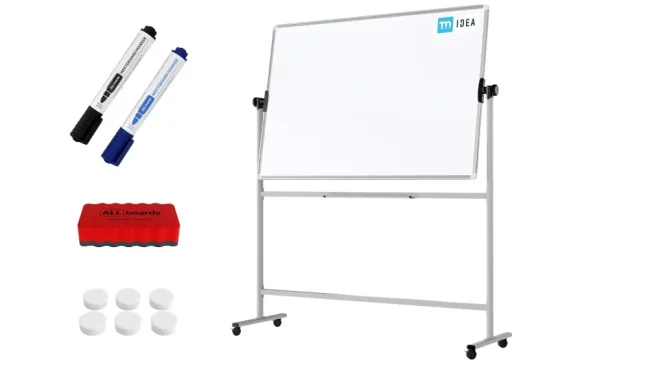 Mobilní tabule TM Idea, oboustranná, otočná, za sucha stíratelná, magnetická, 150x100 cm – řada FLEX