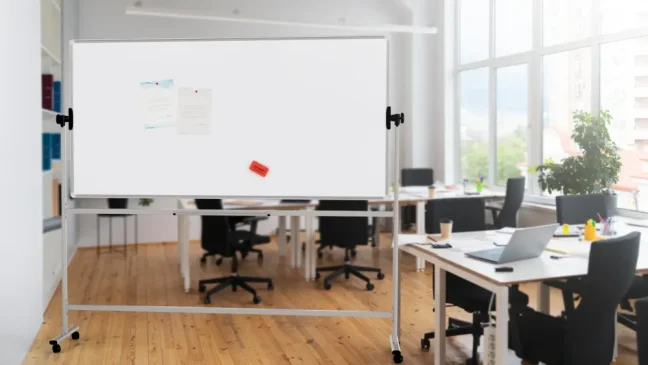 Mobilní tabule TM Idea, oboustranná, otočná, za sucha stíratelná, magnetická, 220x100 cm – řada FLEX