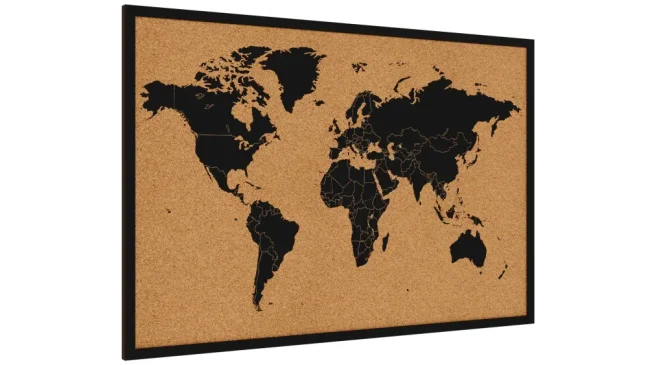 Korková tabuľa MAPA SVETA drevený lakovaný rám BLACK 90x60 cm