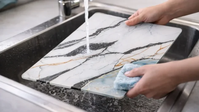 Skleněná krájecí deska MRAMOR / MODRÁ / ZLATO 30 × 40 cm – kuchyňská deska, ochranná deska, skleněný tác