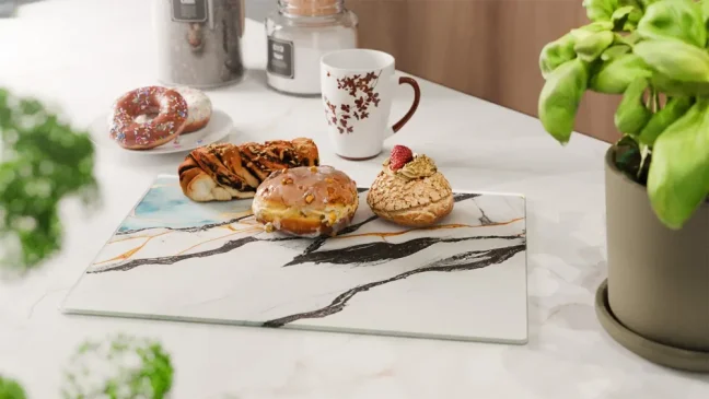 Skleněná krájecí deska MRAMOR / MODRÁ / ZLATO 30 × 40 cm – kuchyňská deska, ochranná deska, skleněný tác