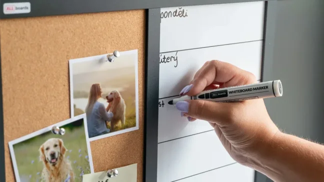 Magnetická nástěnka 3v1 ALLboards COMBI: bílá suchostíratelně-magnetická, bílá magneticko-křídová a korková 60x40 cm