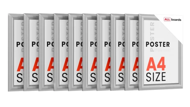 Plakátový rám A4 – Uzamykatelný stříbrný Klip rám - sada 10 kusů