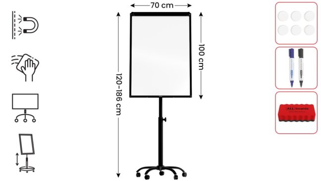 Mobilní magnetický flipchart se stíratelným povrchem na kolečkách 100 × 70 cm černý