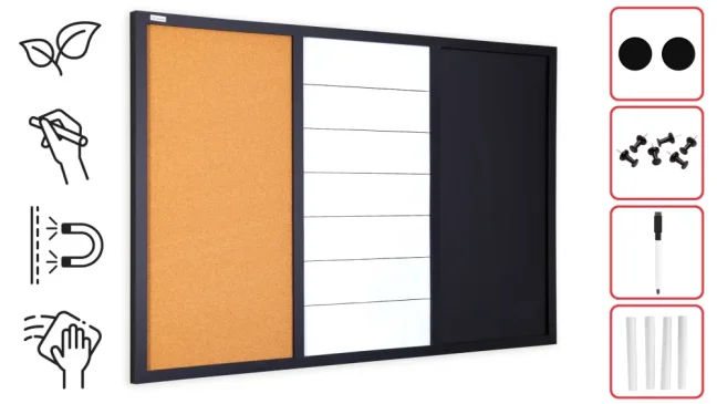 Kombinovaná tabuľa 3 v 1 ALLboards COMBI: bielá suchostierateľno-magnetická, magneticko-kriedová a korková 90x60 cm