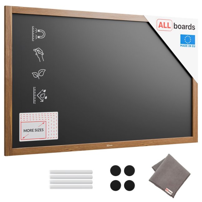 Voděodolná magnetická křídová tabule 120 × 60 cm v dřevěném rámu KLASICKÁ HNĚDÁ