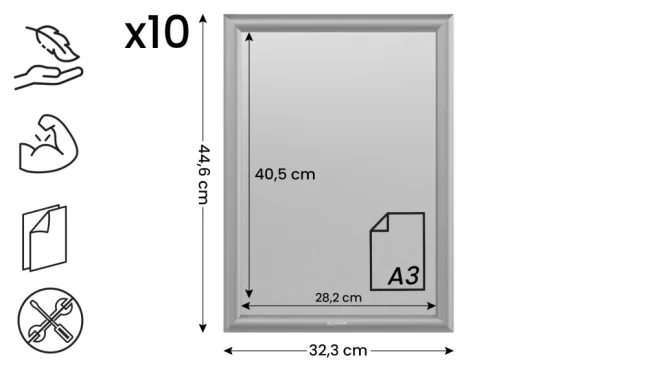 Plakátový rám A3 – Uzamykatelný stříbrný Klip rám - sada 10 kusů