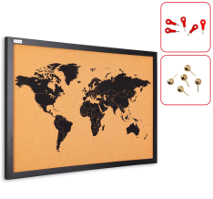 Korková tabuľa MAPA SVETA drevený lakovaný rám BLACK 60x40 cm