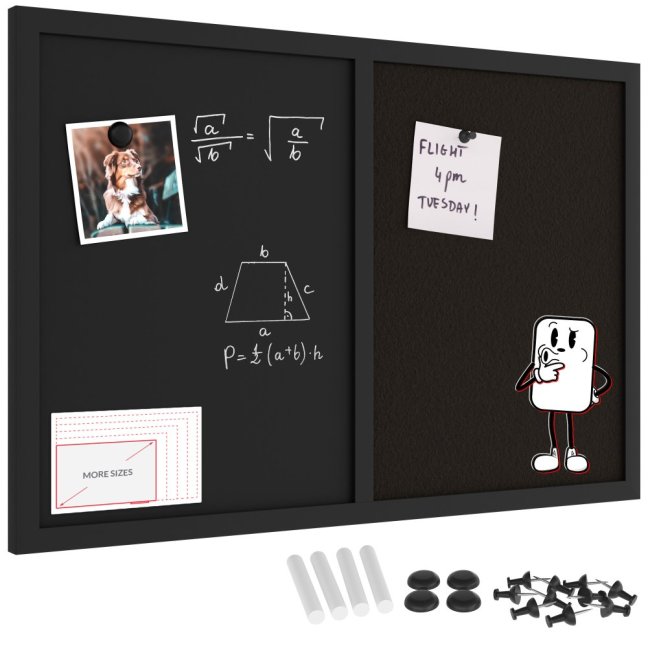 Tabuľa COMBI - čierný korok a magnetická čierna tabuľa 60x40cm s čiernym lakovaným dreveným rámom
