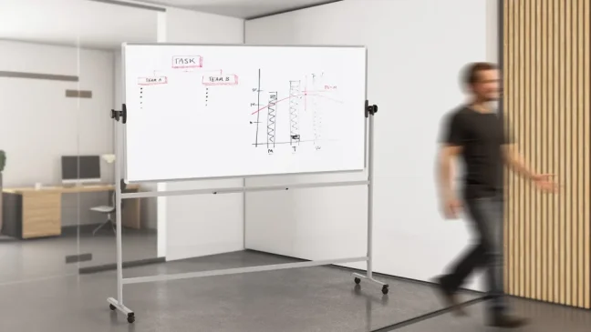 Mobilní tabule TM Idea, oboustranná, otočná, za sucha stíratelná, magnetická, 200x100 cm – řada FLEX