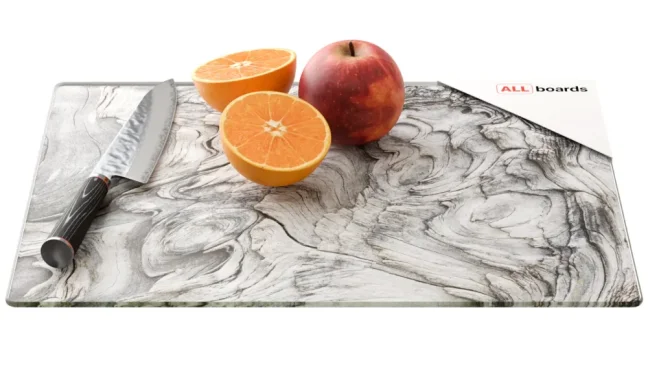 Skleněná krájecí deska ZKAMENĚLÉ DŘEVO 30 × 40 cm – kuchyňská deska, ochranná deska, skleněný tác
