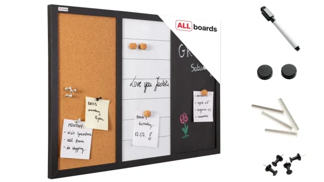 Magnetická nástěnka 3v1 ALLboards COMBI: bílá suchostíratelně-magnetická, bílá magneticko-křídová a korková 60x40 cm
