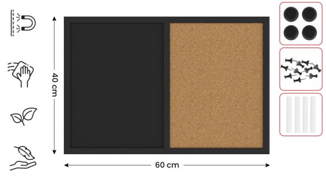 Tabuľa COMBI - korok a magnetická čierna tabuľa 60x40cm s čiernym lakovaným dreveným rámom