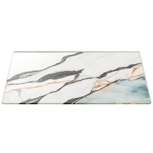 Skleněná krájecí deska MRAMOR / MODRÁ / ZLATO 30 × 40 cm – kuchyňská deska, ochranná deska, skleněný tác