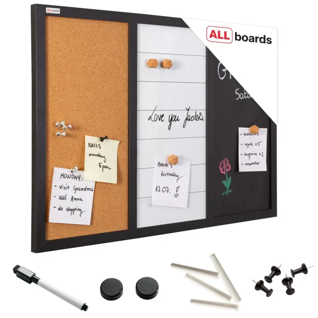 Magnetická nástěnka 3v1 ALLboards COMBI: bílá suchostíratelně-magnetická, bílá magneticko-křídová a korková 60x40 cm